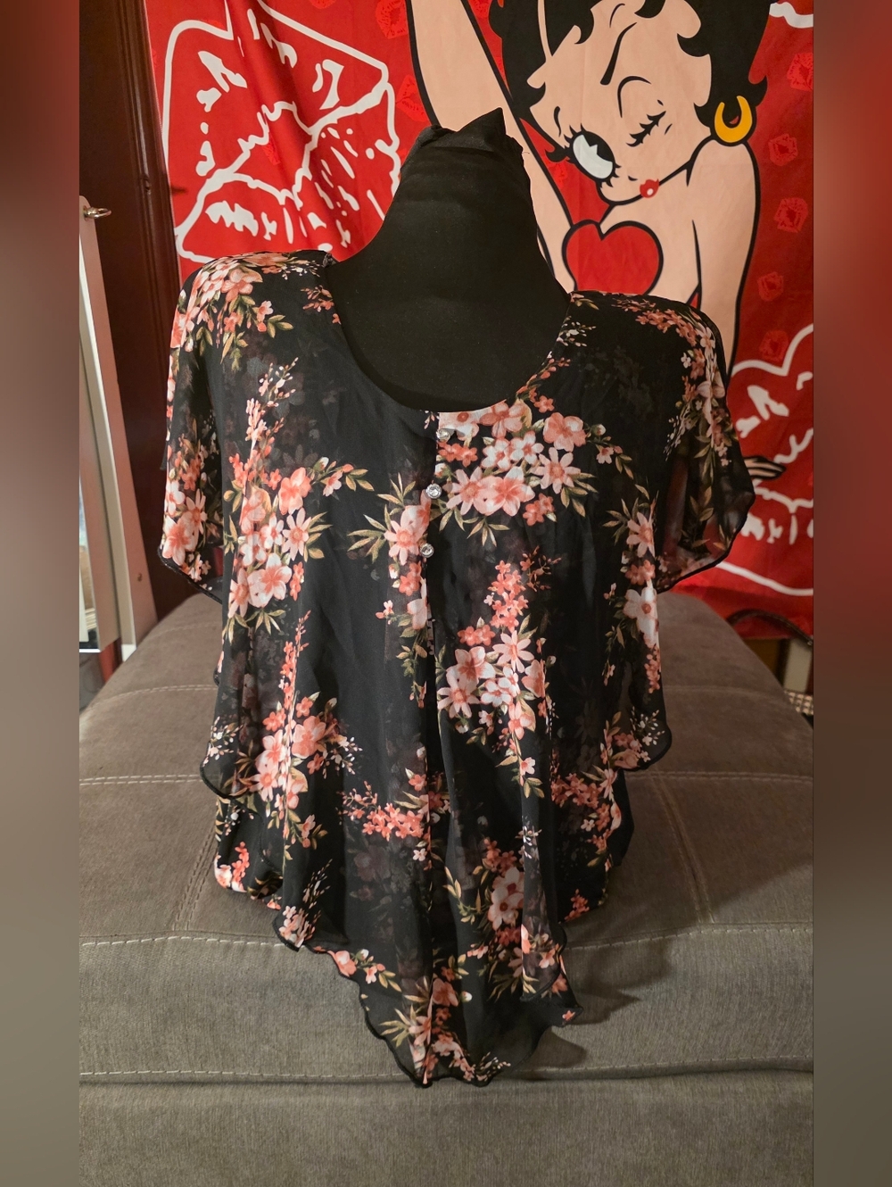 Adele & May Floral V-Neck Blouse - Pink & Cream Flowers on Black - Size XL